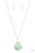 Load image into Gallery viewer, Featuring a glistening iridescence, an Green Ash shell-like disc attaches to a shiny silver frame at the bottom of a lengthened silver chain, creating a summery pendant. Features an adjustable clasp closure.
