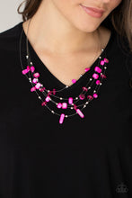 Load image into Gallery viewer, Dainty silver beads, pink crystal-like beads, and shell-like pink pebbles are fitted in place along strands of dainty wires, creating colorful layers below the collar. Features an adjustable clasp closure.
