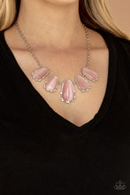 Load image into Gallery viewer, A collection of asymmetrical pink cat’s eye stone teardrops are encased inside imperfect silver frames as they delicately link below the collar. The dainty silver frames are sporadically dotted in dainty silver studs and glassy white rhinestones, adding delicate sparkle to the ethereal display. Features an adjustable clasp closure.
