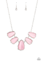 Load image into Gallery viewer, A collection of asymmetrical pink cat’s eye stone teardrops are encased inside imperfect silver frames as they delicately link below the collar. The dainty silver frames are sporadically dotted in dainty silver studs and glassy white rhinestones, adding delicate sparkle to the ethereal display. Features an adjustable clasp closure.
