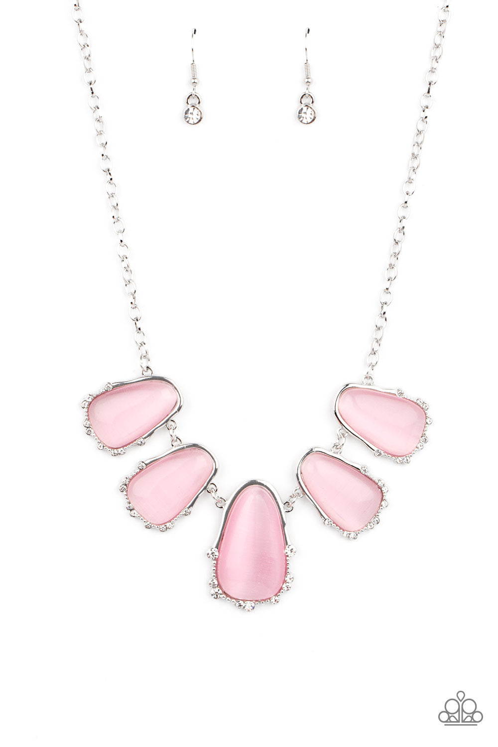 A collection of asymmetrical pink cat’s eye stone teardrops are encased inside imperfect silver frames as they delicately link below the collar. The dainty silver frames are sporadically dotted in dainty silver studs and glassy white rhinestones, adding delicate sparkle to the ethereal display. Features an adjustable clasp closure.