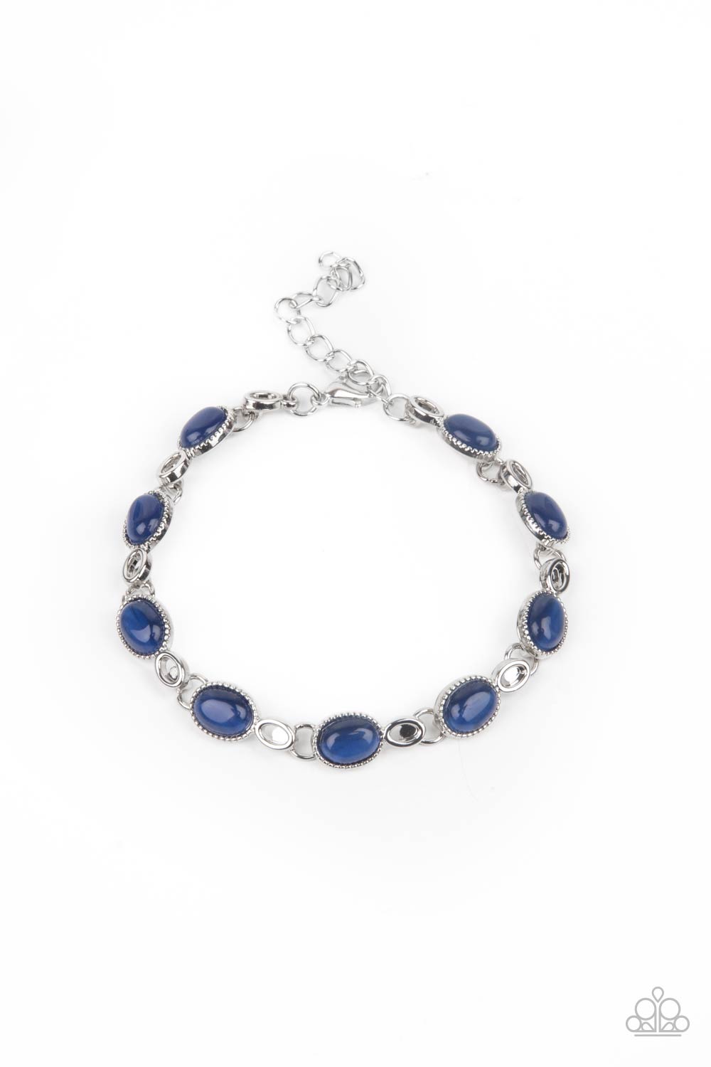 Featuring studded silver fittings, blue cat's eye stone frames delicately connect with ornate silver links around the wrist for an enchanted fashion. Features an adjustable clasp closure. 