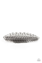 Load image into Gallery viewer, Infused with a lifelike silver feather frame, a row of shiny silver beads are threaded along a stretchy band around the wrist for a seasonal fashion. 
