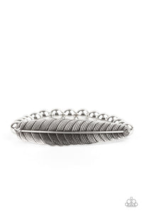 Infused with a lifelike silver feather frame, a row of shiny silver beads are threaded along a stretchy band around the wrist for a seasonal fashion. 