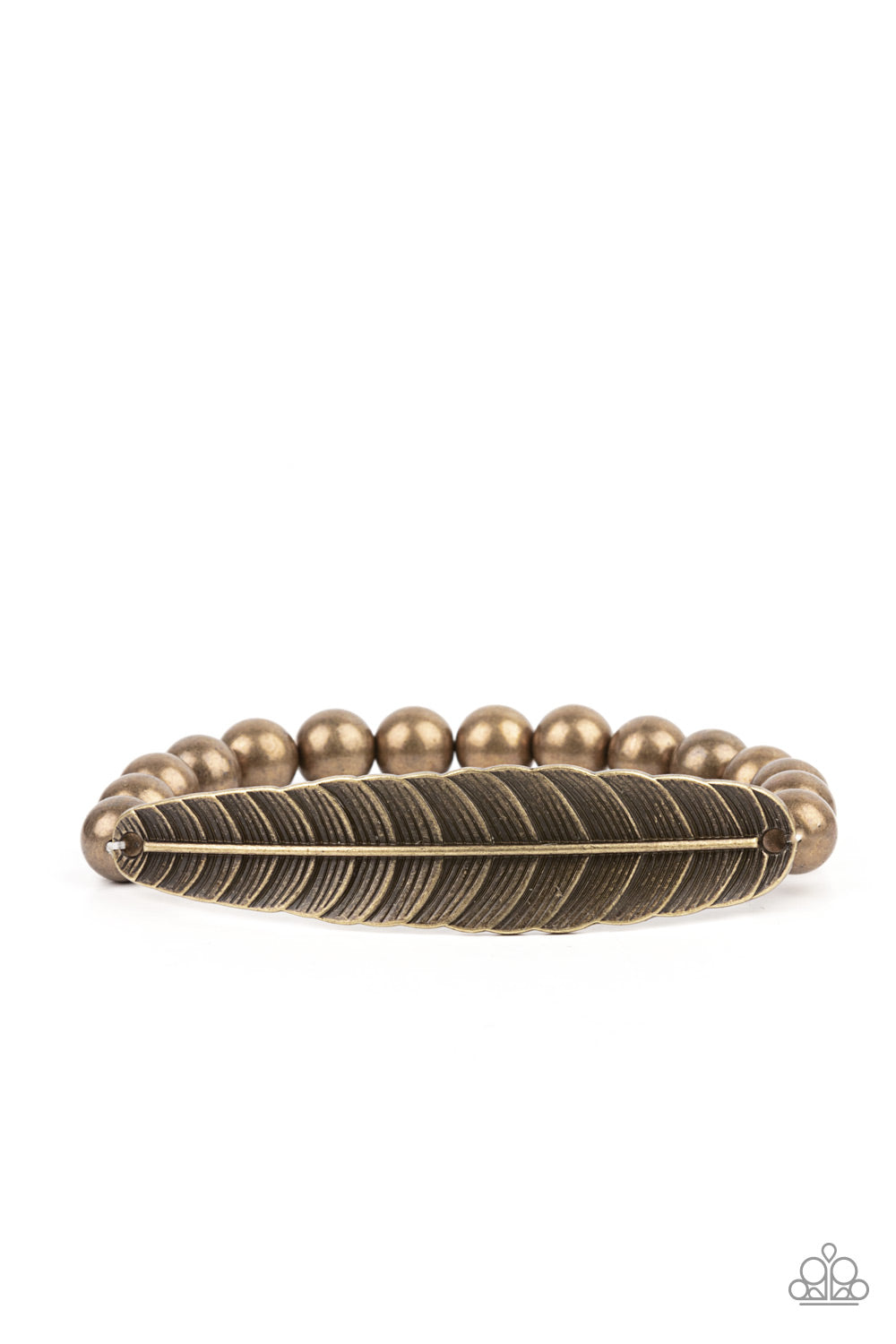 Infused with a lifelike brass feather frame, a row of rustic brass beads are threaded along stretchy bands around the wrist for a seasonal fashion.