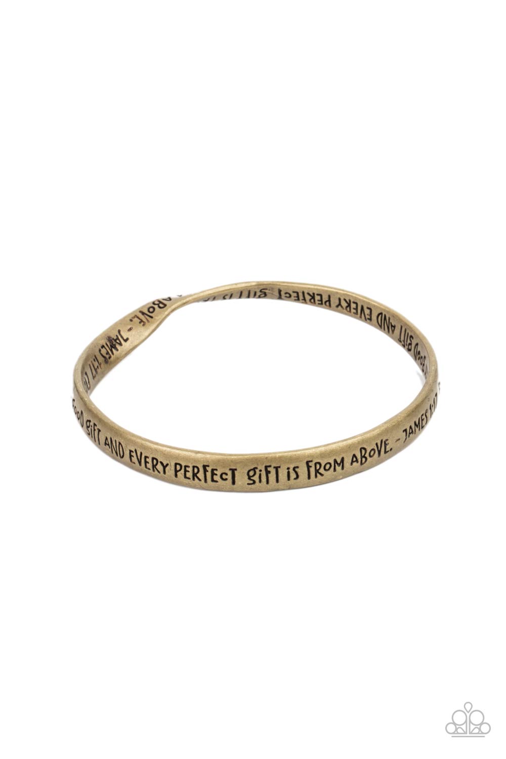 Featuring a subtle twist, a burnished brass bangle is engraved in the biblical passage, 