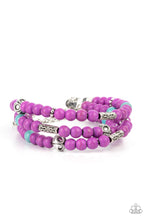 Load image into Gallery viewer, A collection of purple and turquoise stone beads, silver cube beads, and ornate silver accents are threaded along invisible bands around the wrist, creating vivacious layers. Features an adjustable clasp closure 
