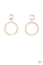 Load image into Gallery viewer, Encased in a pronged gold setting, a white emerald cut rhinestone links with a trio of refined textured gold rings, creating a romantic lure. Earring attaches to a standard post fitting. 
