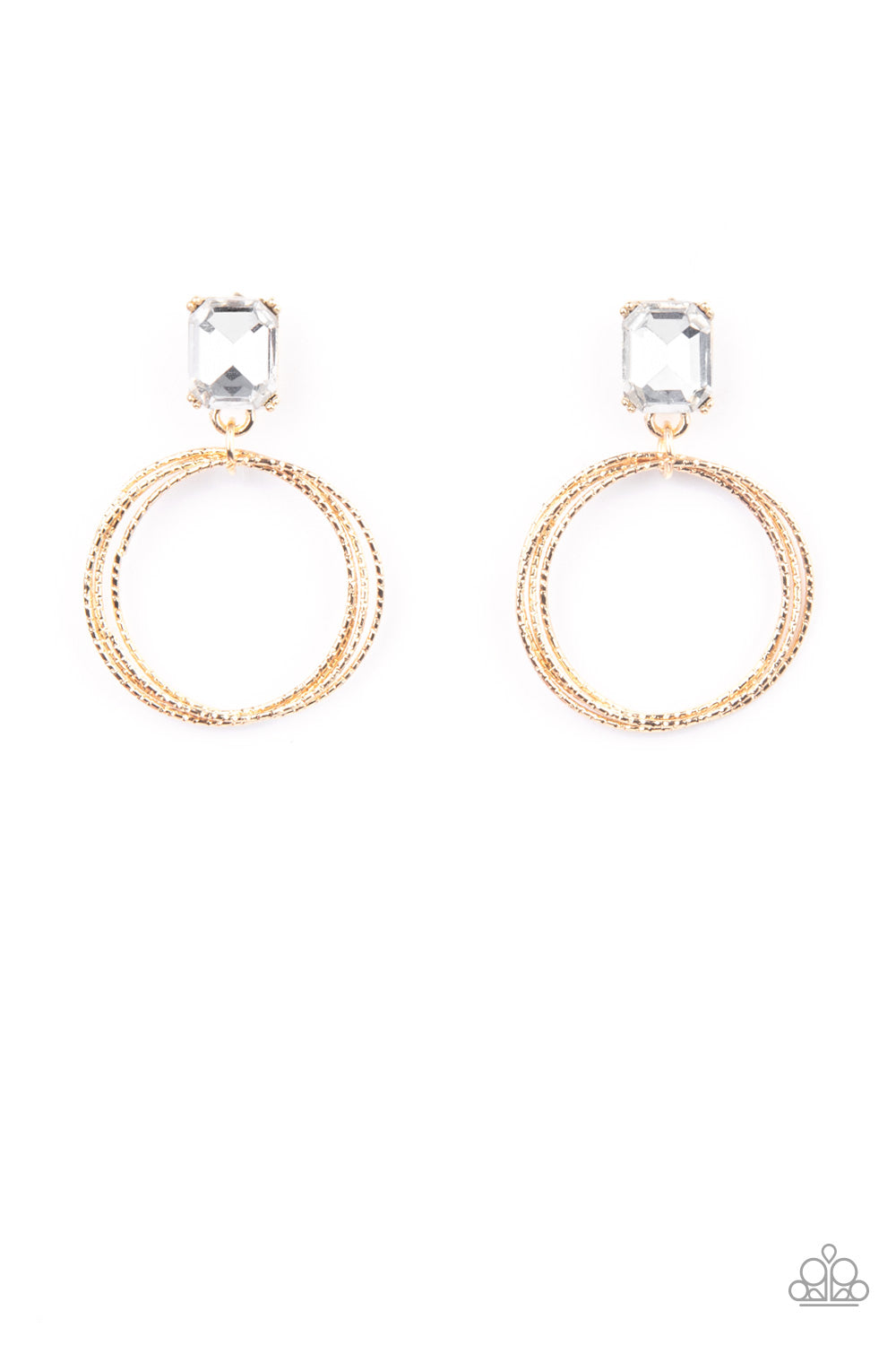 Encased in a pronged gold setting, a white emerald cut rhinestone links with a trio of refined textured gold rings, creating a romantic lure. Earring attaches to a standard post fitting. 