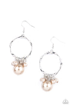 Load image into Gallery viewer, An oversized brown pearl joins dainty brown pearls along a twisted silver hoop, creating a bubbly fringe. Earring attaches to a standard fishhook fitting
