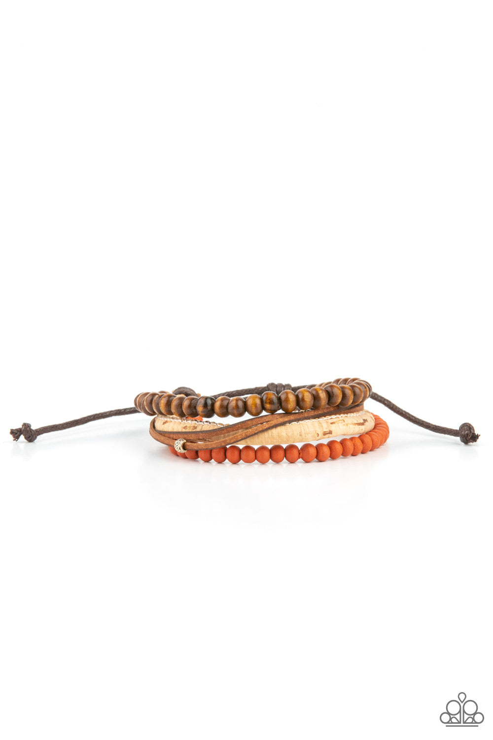 Featuring a strand of orange wooden beads, a collection of earthy strands of cork, leather, and wood, comes together for a simple handmade feel as it stacks up the wrist. Features an adjustable sliding knot closure.