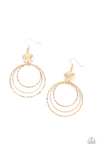 A shimmery wavy gold disc links atop a collection of three delicately hammered gold rings in concentric sizes for an out-of-this-world finish. Earring attaches to a standard fishhook fitting.