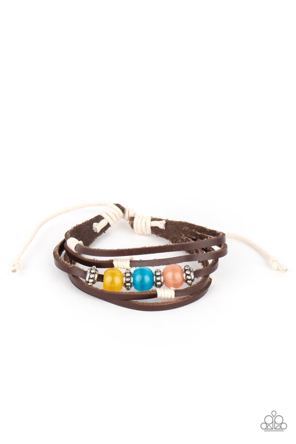 Infused with studded silver accents, a row of Desert Mist, Blue Tint, and Illuminating cat's eye stone beads adorn the centermost strand of layered leather bands around the wrist for a colorful seasonal look. Features an adjustable sliding knot closure.