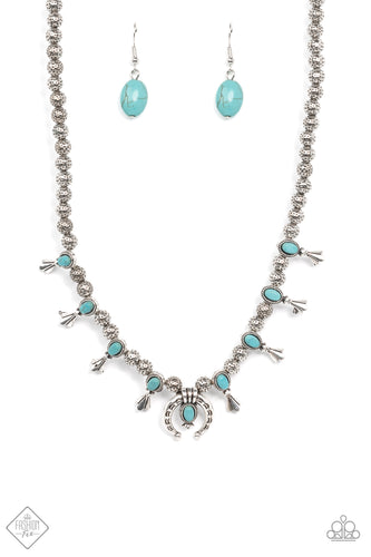 Small turquoise stones pressed into oval frames accented with silver flutes fan out across the collar in a timeless display. At the center of the design, an embossed silver horseshoe encircles a turquoise stone for a lucky finish. Features an adjustable clasp closure.  Sold as one individual necklace. Includes one pair of matching earrings.  Fashion Fix