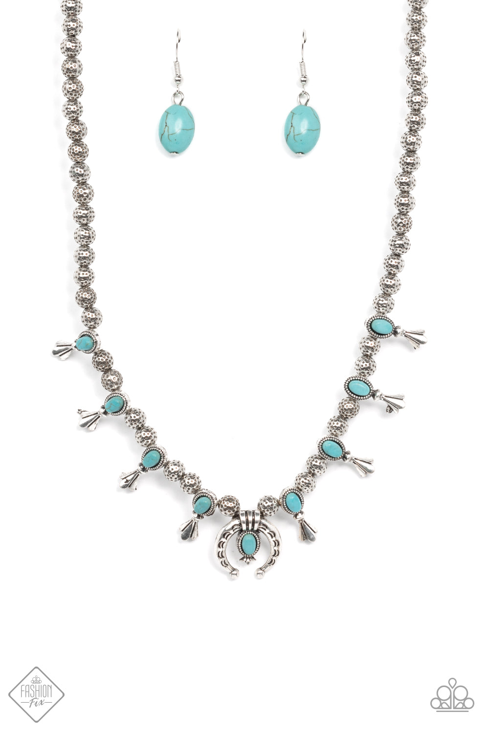 Small turquoise stones pressed into oval frames accented with silver flutes fan out across the collar in a timeless display. At the center of the design, an embossed silver horseshoe encircles a turquoise stone for a lucky finish. Features an adjustable clasp closure.  Sold as one individual necklace. Includes one pair of matching earrings.  Fashion Fix
