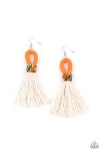 Load image into Gallery viewer, A tassel of soft white cotton fans out under rows of brightly colored seed beads. Anchored by a loop of vibrant orange floss, the eye-catching style swings from the ear for a show-stopping statement. Earring attaches to a standard fishhook fitting. 
