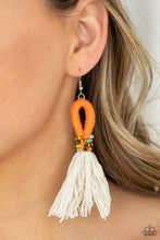Load image into Gallery viewer, A tassel of soft white cotton fans out under rows of brightly colored seed beads. Anchored by a loop of vibrant orange floss, the eye-catching style swings from the ear for a show-stopping statement. Earring attaches to a standard fishhook fitting. 
