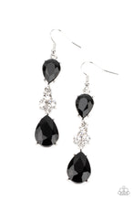 Load image into Gallery viewer, A trio of dazzling white rhinestones unites two jet black teardrop gems as they dangle brilliantly from the ear for a flawless finish. Earring attaches to a standard fishhook fitting.
