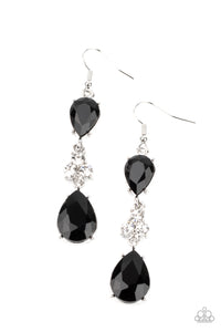 A trio of dazzling white rhinestones unites two jet black teardrop gems as they dangle brilliantly from the ear for a flawless finish. Earring attaches to a standard fishhook fitting.