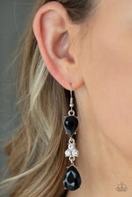 Load image into Gallery viewer, A trio of dazzling white rhinestones unites two jet black teardrop gems as they dangle brilliantly from the ear for a flawless finish. Earring attaches to a standard fishhook fitting.
