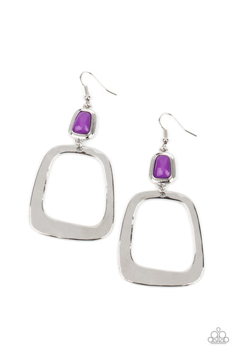 An oversized square hoop, delicately hammered for a shiny texture, dangles from a rectangular purple bead pressed into a silver frame for a dramatic modern material girl display. Earring attaches to a standard fishhook fitting.