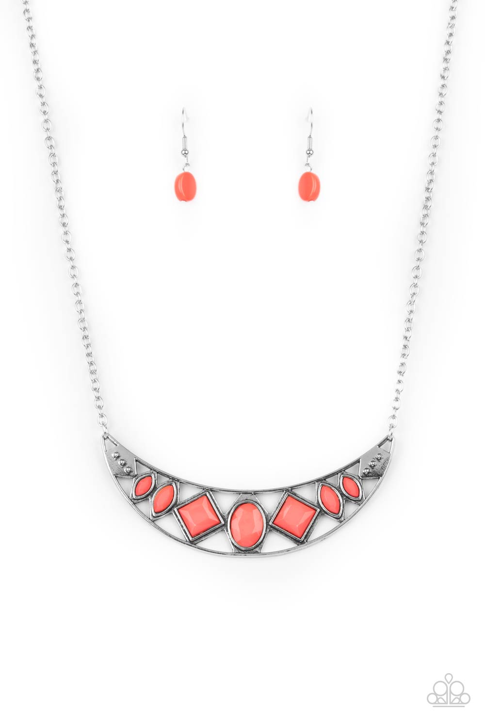 Featuring marquise, square, and oval shapes, a faceted collection of neon pink beads adorn the center of an airy silver half moon plate, creating a vivacious tribal inspired pendant below the collar. Features an adjustable clasp closure.