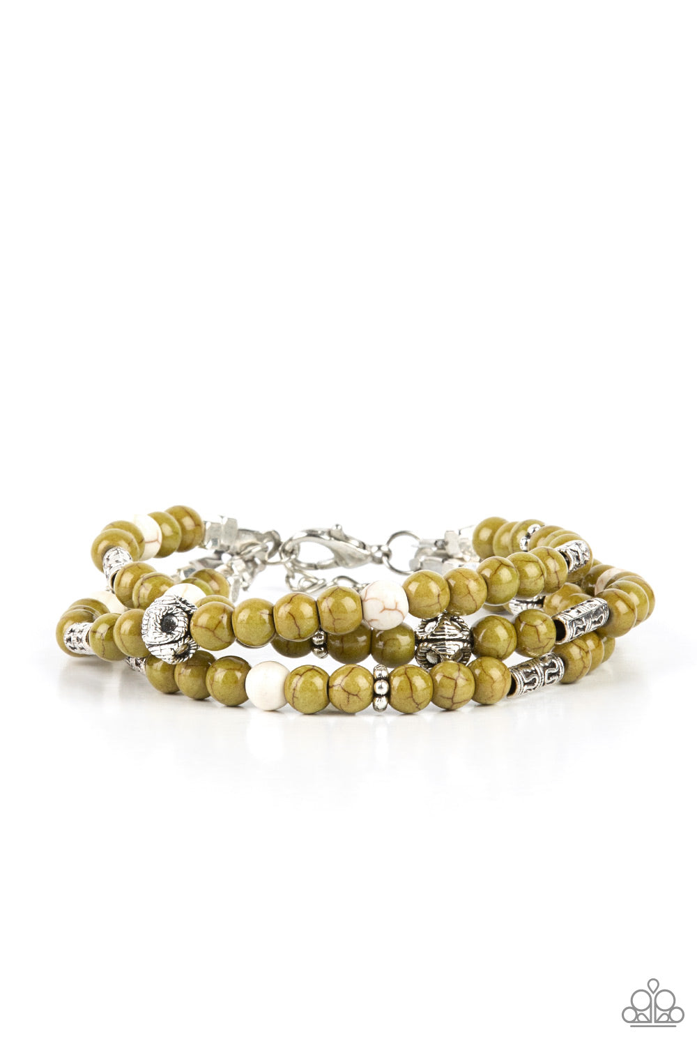 A collection of Willow and white stone beads, silver cube beads, and ornate silver accents are threaded along invisible bands around the wrist, creating earthy layers. Features an adjustable clasp closure