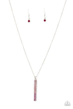 Load image into Gallery viewer, A sparkly collection of spectrum pink rhinestones are encrusted along a silver pendulum that swings along the bottom of a silver chain, creating a glittery ombre effect. Features an adjustable clasp closure.
