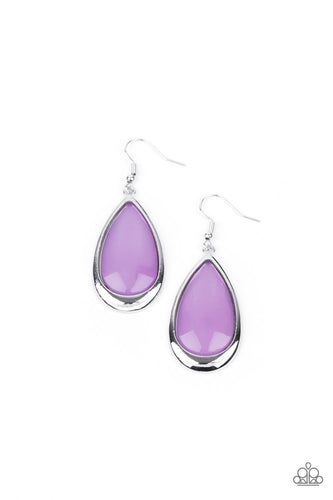 A glassy purple teardrop is nestled inside a glistening silver frame, creating an ethereally elegant lure. Earring attaches to a standard fishhook fitting. 