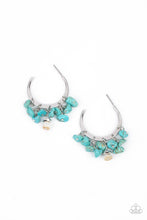 Load image into Gallery viewer, Clusters of turquoise pebbles swing from the bottom of a dainty silver hoop, creating an earthy fringe. A faceted silver and white stone bead swings from the center, adding an ethereal edge. Earring attaches to a standard post fitting. Hoop measures approximately 1 1/4&quot; in diameter. 

