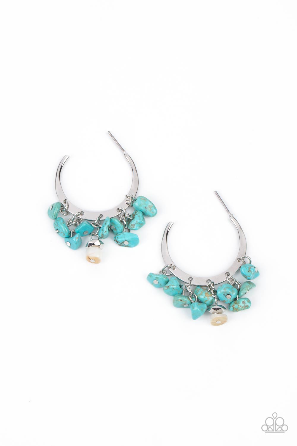 Clusters of turquoise pebbles swing from the bottom of a dainty silver hoop, creating an earthy fringe. A faceted silver and white stone bead swings from the center, adding an ethereal edge. Earring attaches to a standard post fitting. Hoop measures approximately 1 1/4