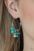 Load image into Gallery viewer, Clusters of turquoise pebbles swing from the bottom of a dainty silver hoop, creating an earthy fringe. A faceted silver and white stone bead swings from the center, adding an ethereal edge. Earring attaches to a standard post fitting. Hoop measures approximately 1 1/4&quot; in diameter. 
