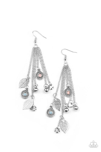 Dewy pink and Cerulean rhinestone dotted frames, airy silver leaves, silver disco ball-like beads stream from the bottoms of dainty silver chains, creating a whimsically tasseled display. Earring attaches to a standard fishhook fitting.