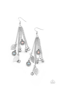 Dewy pink and Cerulean rhinestone dotted frames, airy silver leaves, silver disco ball-like beads stream from the bottoms of dainty silver chains, creating a whimsically tasseled display. Earring attaches to a standard fishhook fitting.