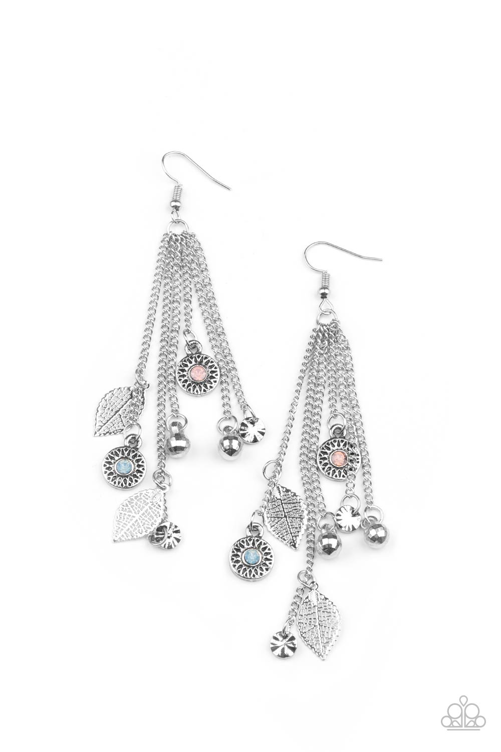 Dewy pink and Cerulean rhinestone dotted frames, airy silver leaves, silver disco ball-like beads stream from the bottoms of dainty silver chains, creating a whimsically tasseled display. Earring attaches to a standard fishhook fitting.