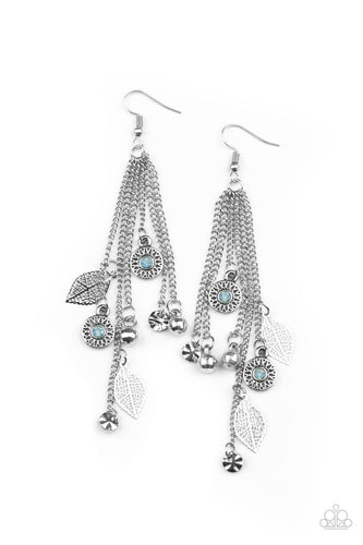Dewy Cerulean rhinestone dotted frames, airy silver leaves, silver disco ball-like beads stream from the bottoms of dainty silver chains, creating a whimsically tasseled display. Earring attaches to a standard fishhook fitting.
