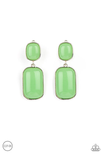 Encased in sleek silver frames, milky Green Ash beads link into an oversized lure for a whimsically refined flair. Earring attaches to a standard clip-on fitting.