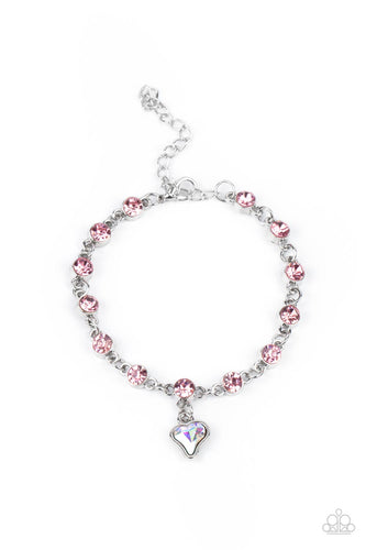 Brilliant pink rhinestones in shiny silver settings are linked together and accented with a charming iridescent rhinestone heart that dangles sweetly from the wrist. Features an adjustable clasp closure.