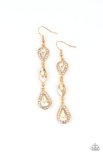 Load image into Gallery viewer, A trio of teardrop and marquis cut golden gems fall in succession from the ear. The teardrops are set in gold frames studded with white rhinestones for a sparkly finish. Earring attaches to a standard fishhook fitting.
