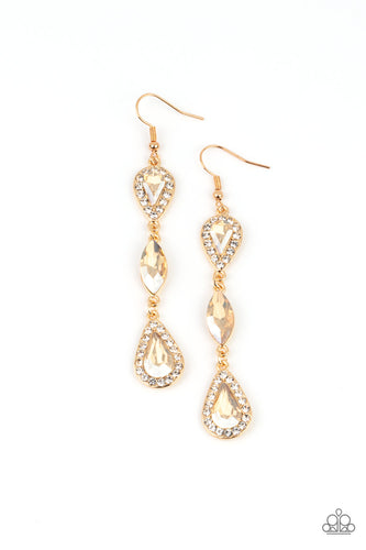 A trio of teardrop and marquis cut golden gems fall in succession from the ear. The teardrops are set in gold frames studded with white rhinestones for a sparkly finish. Earring attaches to a standard fishhook fitting.