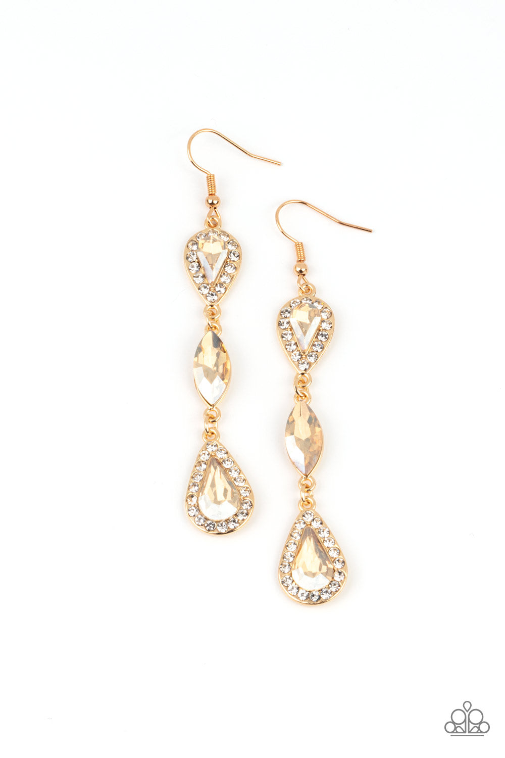 A trio of teardrop and marquis cut golden gems fall in succession from the ear. The teardrops are set in gold frames studded with white rhinestones for a sparkly finish. Earring attaches to a standard fishhook fitting.