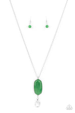 Load image into Gallery viewer, Encased in a classic silver fitting, a glassy jade stone swings from the bottom of a lengthened silver chain for an elegantly earthy look. A lobster clasp hangs from the bottom of the design to allow a name badge or other item to be attached. Features an adjustable clasp closure
