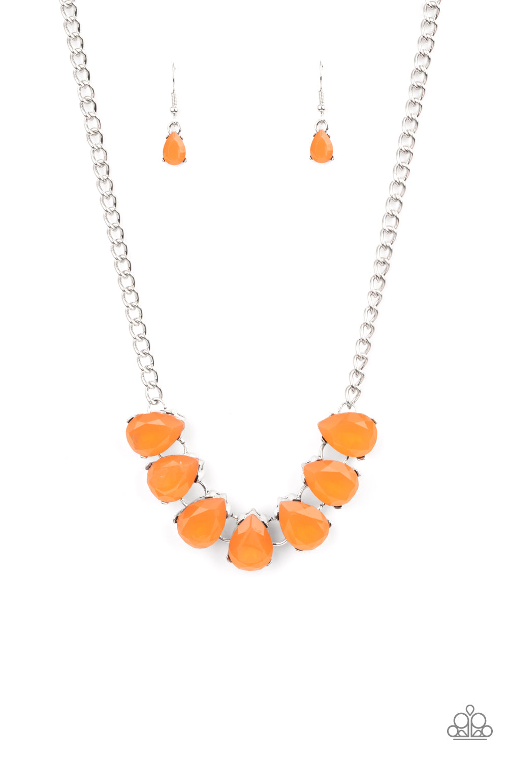 Dewy orange teardrop gems are nestled inside pronged silver frames that delicately connect below the collar, creating an ethereal centerpiece. Features an adjustable clasp closure. 