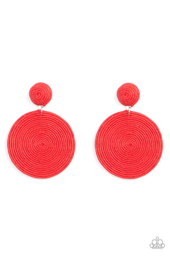 A generous disc of red thread spirals around and around for a dizzying finish as it connects to a red button post.  Earring attaches to a standard post fitting.