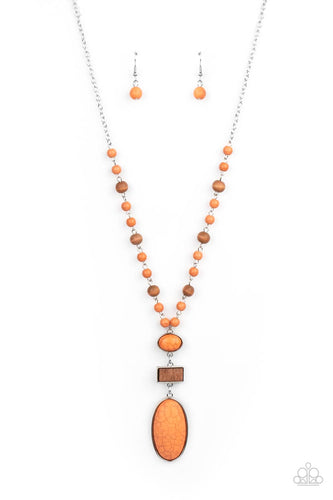 A dainty collection of Rust stone and rustic wooden beads connects into an earthy chain across the chest. Featuring sleek silver frames, oval stones and a rectangular wood frame connect into a dramatically stacked seasonal pendant at the bottom of the colorful display. Features an adjustable clasp closure.
