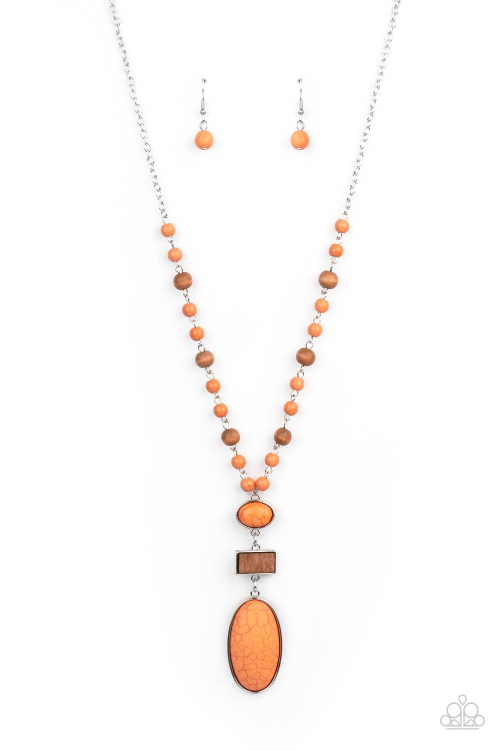 A dainty collection of Rust stone and rustic wooden beads connects into an earthy chain across the chest. Featuring sleek silver frames, oval stones and a rectangular wood frame connect into a dramatically stacked seasonal pendant at the bottom of the colorful display. Features an adjustable clasp closure.