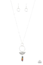 Load image into Gallery viewer, Silver hoops, a slice of textured semi-circle disc, and a hammered multicolored stone-like obelisk pendant all dangle from a long chain for a trend-setting combination. Features an adjustable clasp closure. 
