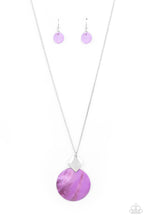 Load image into Gallery viewer, Featuring a glistening iridescence, a Lavender shell-like disc attaches to a shiny silver frame at the bottom of a lengthened silver chain, creating a summery pendant. Features an adjustable clasp closure. 
