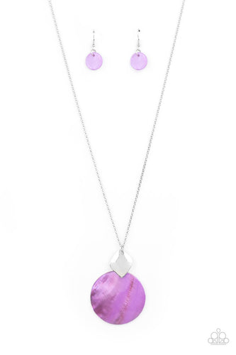 Featuring a glistening iridescence, a Lavender shell-like disc attaches to a shiny silver frame at the bottom of a lengthened silver chain, creating a summery pendant. Features an adjustable clasp closure. 