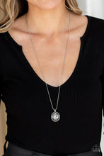 Load image into Gallery viewer, An oversized smoky gem is pressed into the center of a sleek silver fitting, creating a mesmerizing statement piece at the bottom of a sleek silver chain. Features an adjustable clasp closure.
